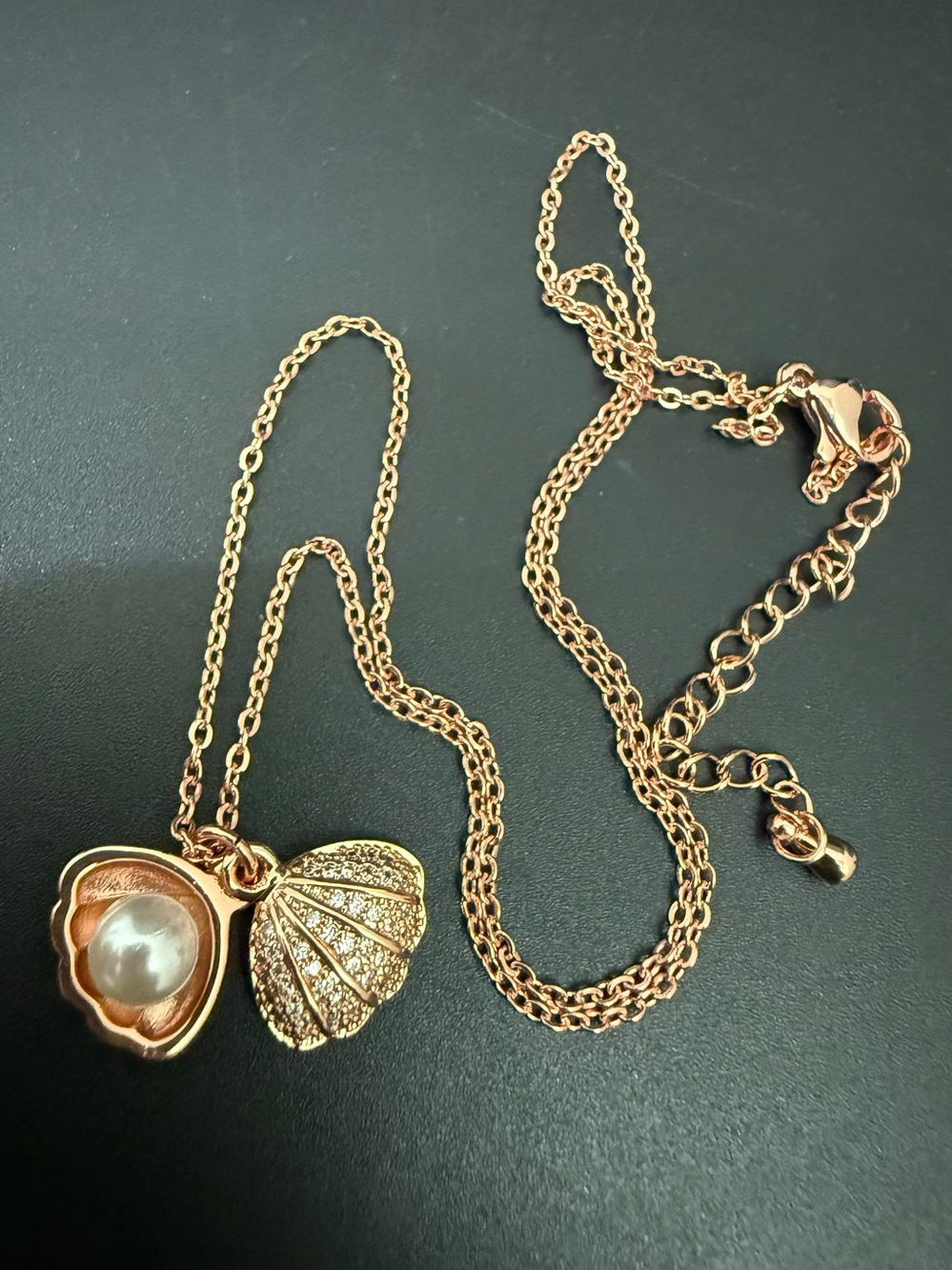 Rose Gold-tone Open Sea Shell Faux Pearl Pave Crystal Pendant Necklace